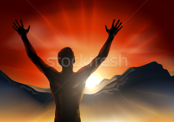 Man in silhouette arms raised on mountain Stock photo © Krisdog