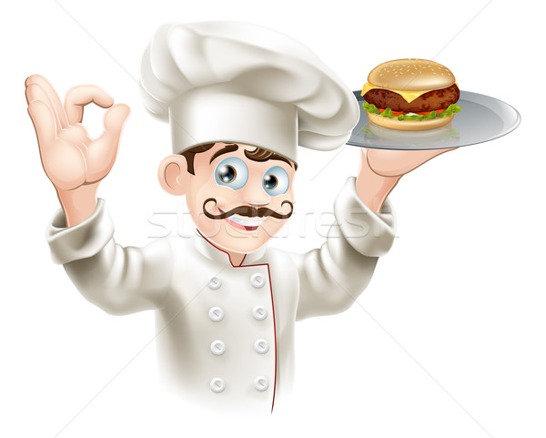 Stock fotó: Szakács · hamburger · illusztráció · tart · gurmé · tálca