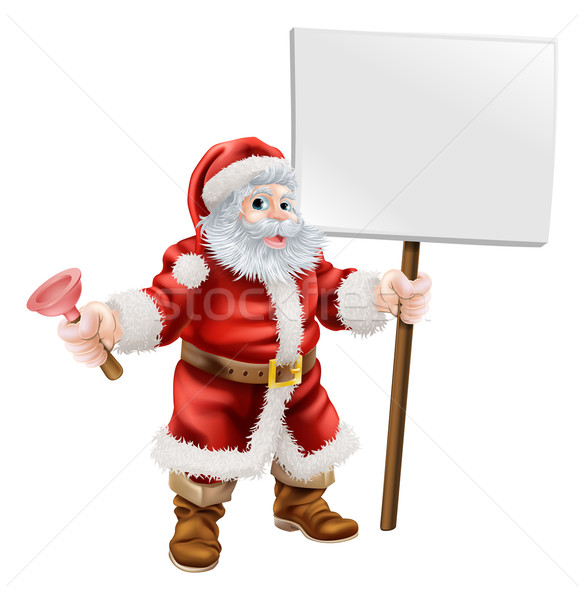 Stock photo: Santa holding plunger and sign