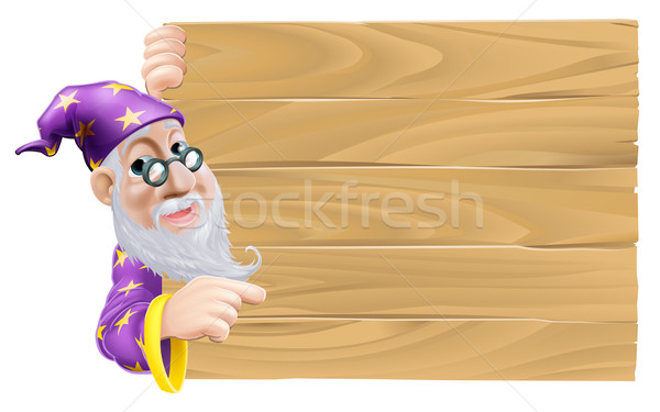 Wizard and blank wooden sign Stock photo © Krisdog