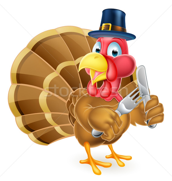Pilgrim Hat Thanksgiving Cartoon Turkey Holding Knife and Fork Stock photo © Krisdog