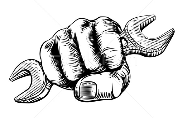 Spanner Woodcut Fist Hand Stock photo © Krisdog