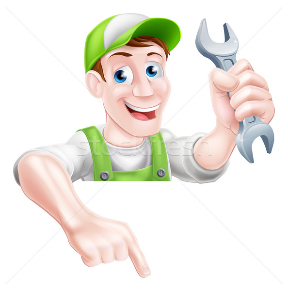 Cartoon hydraulik mechanik wskazując szczęśliwy człowiek Zdjęcia stock © Krisdog