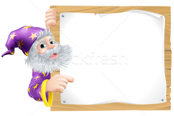 Wizard and wooden sign Stock photo © Krisdog