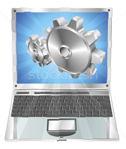 Gear cogs flying out of laptop screen concept Stock photo © Krisdog