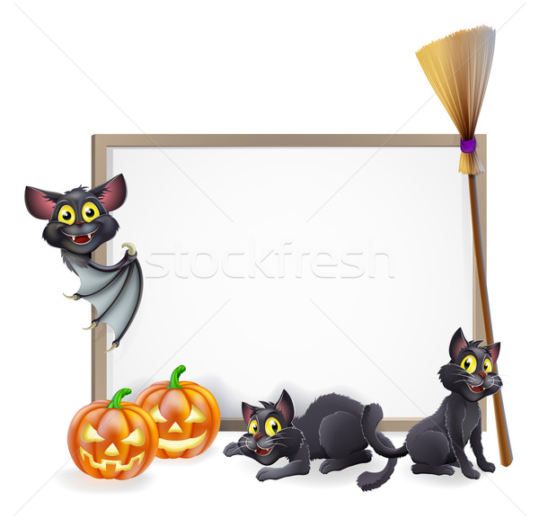Halloween Zeichen Kürbisse schwarz Katzen Besenstiel Stock foto © Krisdog