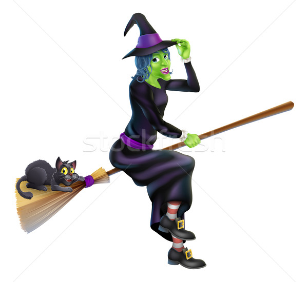 Witch on Broom with Black Cat Stock photo © Krisdog