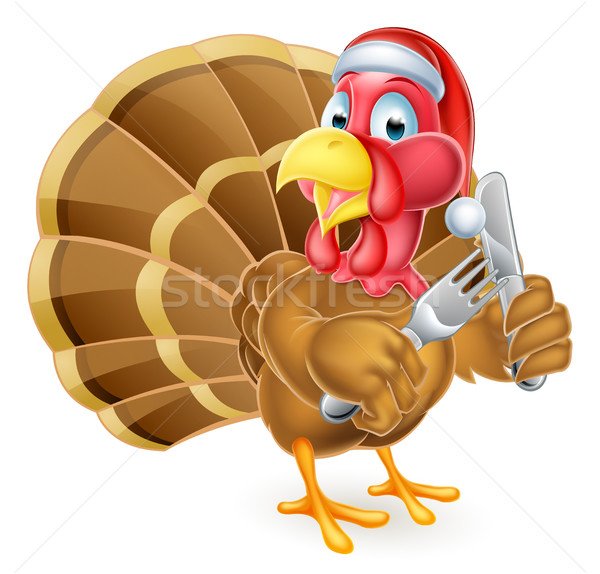 Santa Hat Christmas Cartoon Turkey Holding Knife and Fork Stock photo © Krisdog