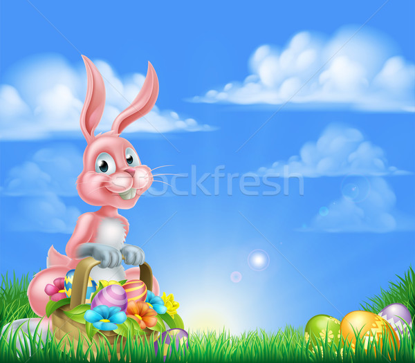 Rajz rózsaszín húsvéti nyuszi kosárnyi tojás kosár tele Stock fotó © Krisdog