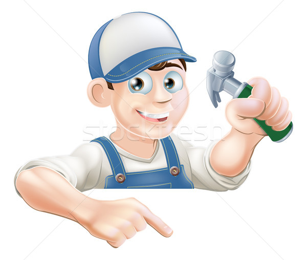 Construction Guy pointant bannière cartoon charpentier [[stock_photo]] © Krisdog