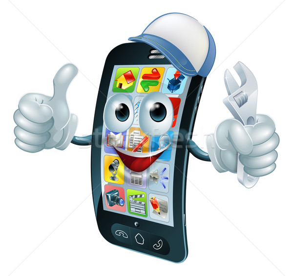 Stockfoto: Mobiele · telefoon · reparatie · karakter · sleutel · moersleutel