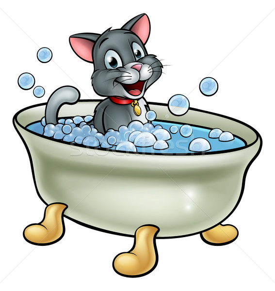 Foto stock: Desenho · animado · gato · lavagem · banho · bubbles · água