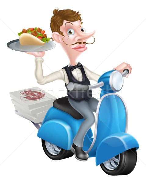 Cartoon Waiter on Scooter Moped Delivering Shawarma Stock photo © Krisdog