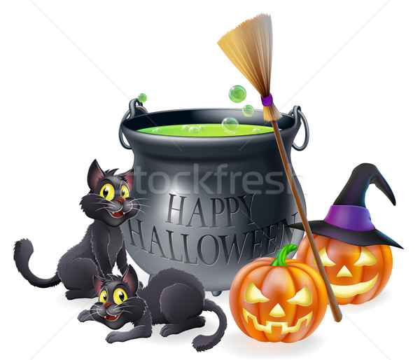 Szczęśliwy halloween cartoon ilustracja kocioł kotów Zdjęcia stock © Krisdog