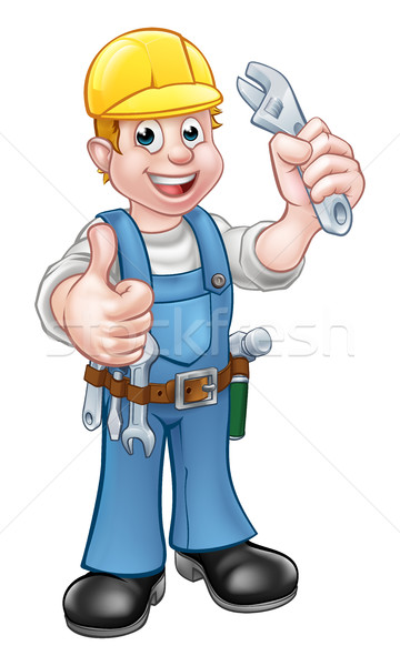 Zeichentrickfigur Klempner Mechaniker Handwerker halten Schraubenschlüssel Stock foto © Krisdog