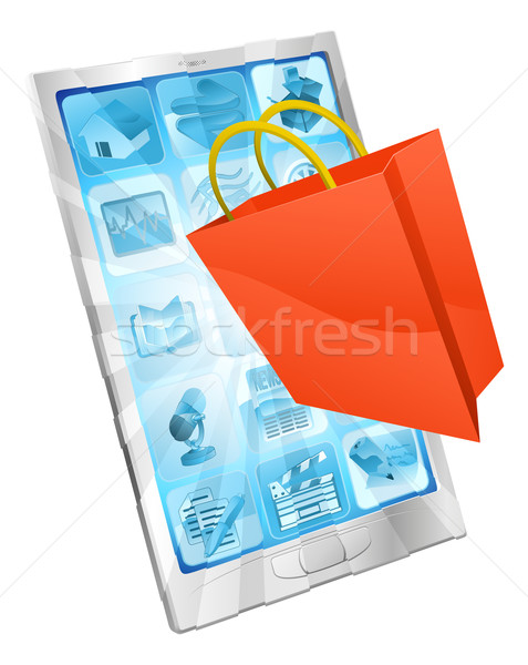 Stockfoto: Online · winkelen · app · boodschappentas · icon · uit · telefoon