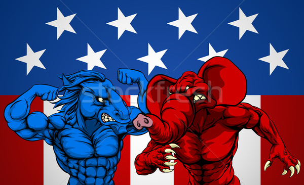 ストックフォト: アメリカン · 政治 · 象 · ロバ · 戦う · 選挙