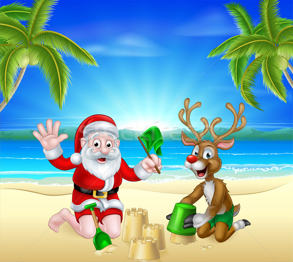 Download Christmas Santa and Reindeer on Summer Beach vector ...