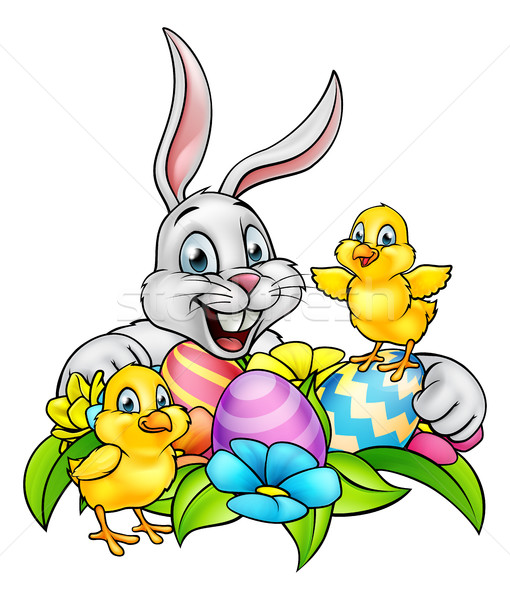 Lapin de Pâques oeufs poussins cartoon œufs de Pâques fleurs du printemps Photo stock © Krisdog