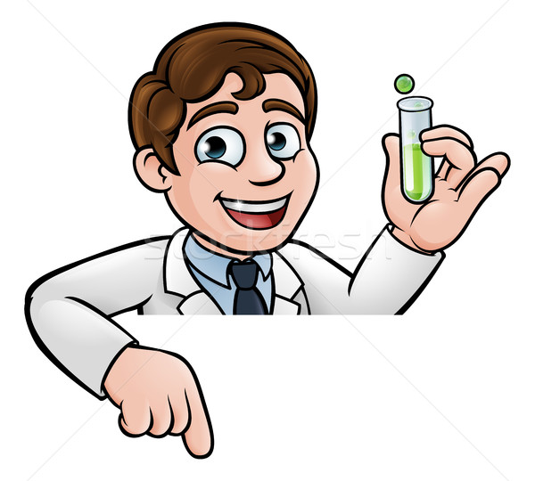 Cartoon Scientist Holding Test Tube Pointing Sign Stock photo © Krisdog