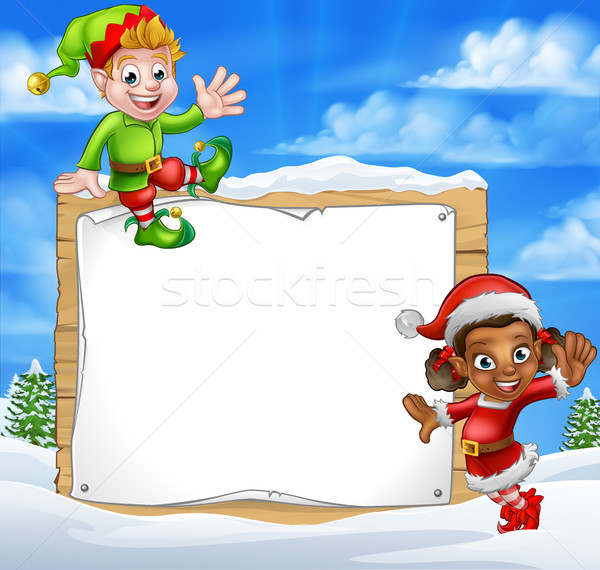 Weihnachten elf Karikatur Zeichen Schnee Zeichen Stock foto © Krisdog