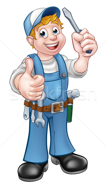 Elektriker Handwerker Zeichentrickfigur halten Schraubendreher Stock foto © Krisdog