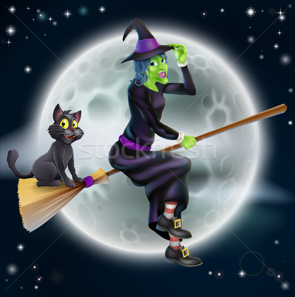 Witch flying on broom and night sky Stock photo © Krisdog