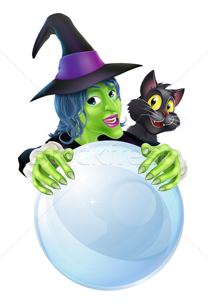 Witch black cat and crystal ball Stock photo © Krisdog