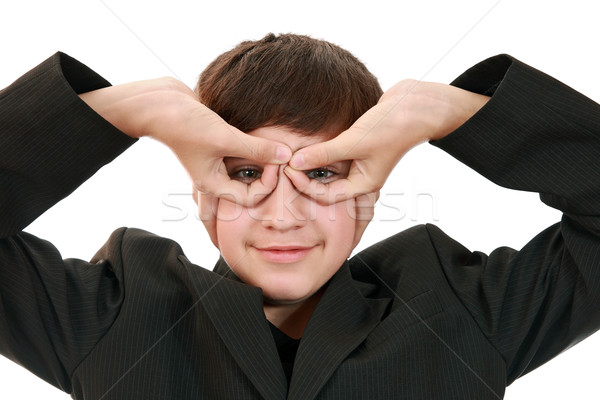Derűs tinédzser viccek mutat szemüveg kezek Stock fotó © krugloff