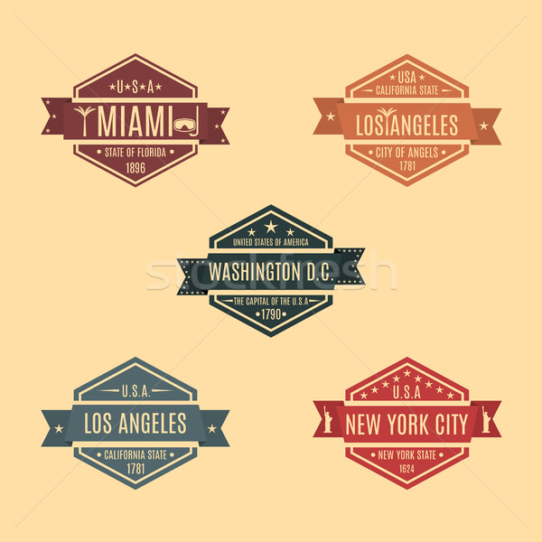 Set hexagonal emblem with the name of US cities, vector illustration. Stock photo © kup1984