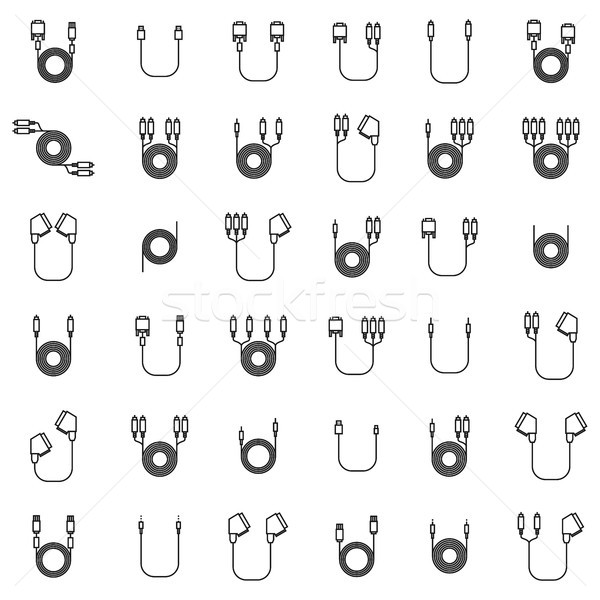 Icons of cord and cable with plugs of thin lines, vector illustration. Stock photo © kup1984