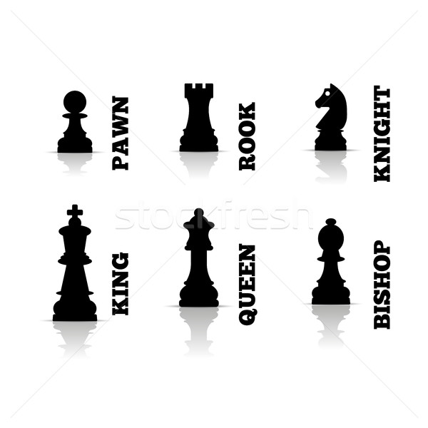 Chess and board icons set, chessmen banner, silhouette, flat black and  white drawing. Piece pawn, king, queen, bishop, knight, rook, with figure  names isolated on white background. Vector illustration - Stock Image 