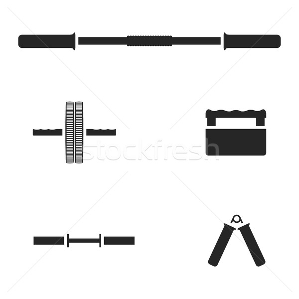 Stock foto: Sportgeräte · Set · Silhouetten · Fitnessstudio · isoliert · weiß