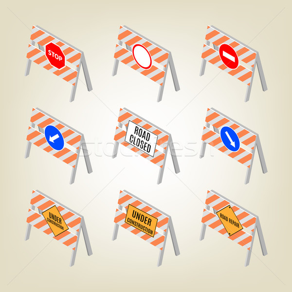 Stock photo: Set of road signs repairs in isometric, vector illustration.