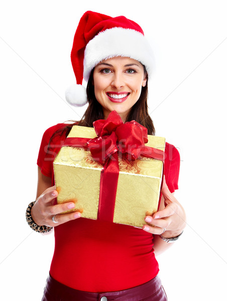 Stock photo: Christmas santa woman with gift.