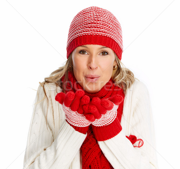 Stock foto: Glücklich · Weihnachten · Frau · Winter · Kleidung · isoliert