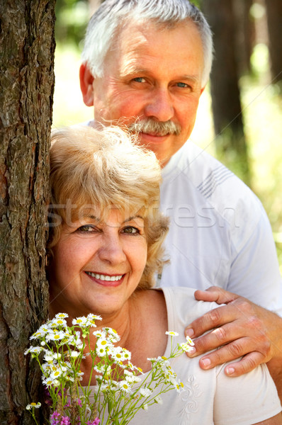 Vârstnici cuplu zâmbitor fericit dragoste în aer liber Imagine de stoc © Kurhan