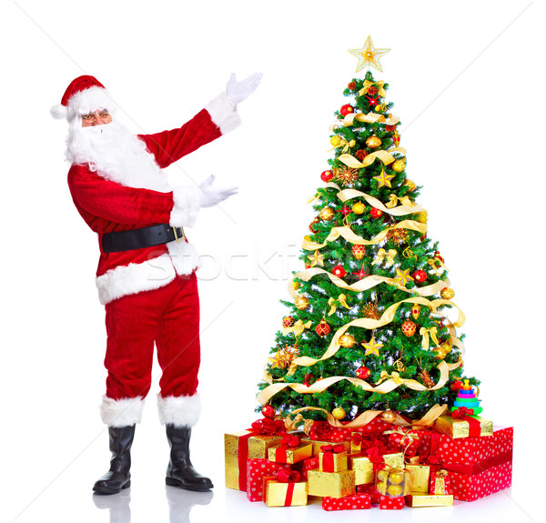 Stockfoto: Kerstman · kerstboom · gelukkig · traditioneel · geïsoleerd · witte