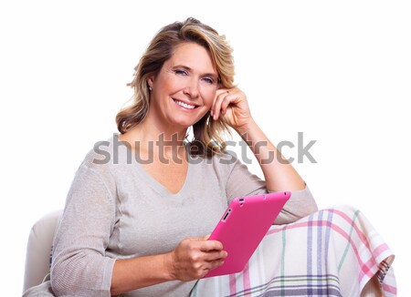 Stockfoto: Gelukkig · senior · vrouw · geïsoleerd · witte