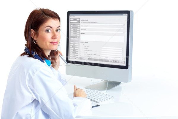[[stock_photo]]: Médecin · souriant · médicaux · ordinateur · femme · isolé · blanche