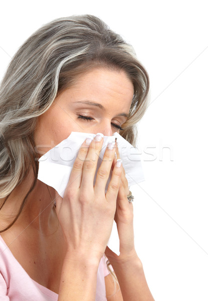 Foto stock: Gripe · alergia · mulher · jovem · isolado · branco · mulher