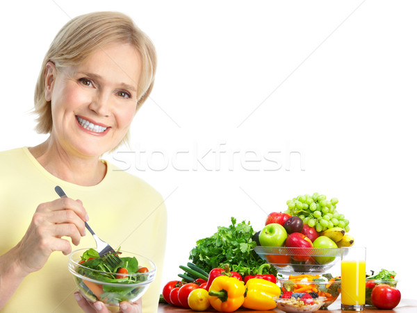 Stock fotó: Nő · eszik · saláta · érett · mosolygó · nő · gyümölcsök