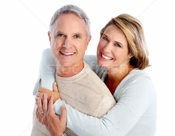 Foto stock: Casal · de · idosos · retrato · isolado · branco · mulher · sorrir