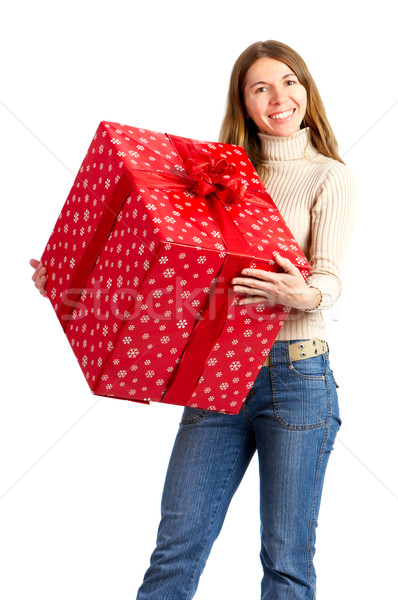 Stockfoto: Gelukkig · vrouw · christmas · aanwezig · witte · achtergrond