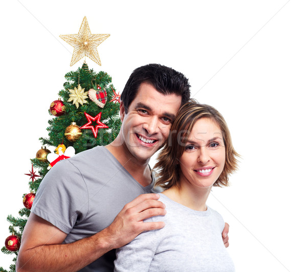 Stockfoto: Gelukkig · christmas · paar · liefde · kerstboom · geïsoleerd