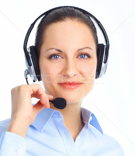 呼叫中心 操作者 美麗 耳機 孤立 白 商業照片 © Kurhan