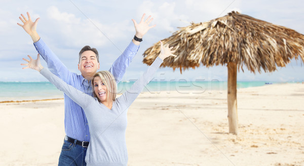 Foto stock: Feliz · casal · praia · férias · mulher · água