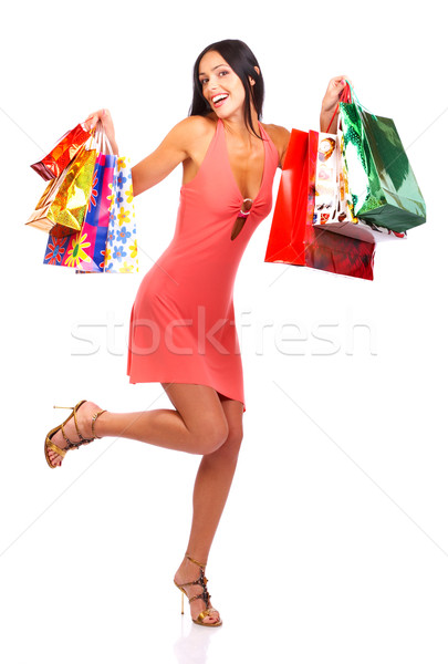 Foto d'archivio: Shopping · donna · sorriso · isolato · bianco · donne