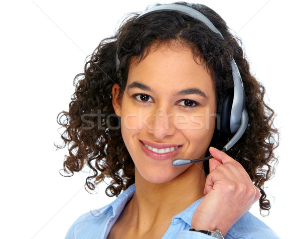 Stockfoto: Exploitant · vrouw · hoofdtelefoon · geïsoleerd · witte · glimlach