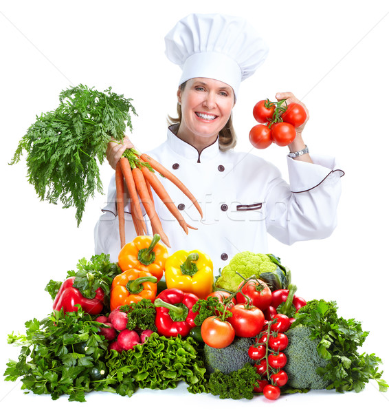 Foto stock: Chef · sonriendo · aislado · blanco · alimentos